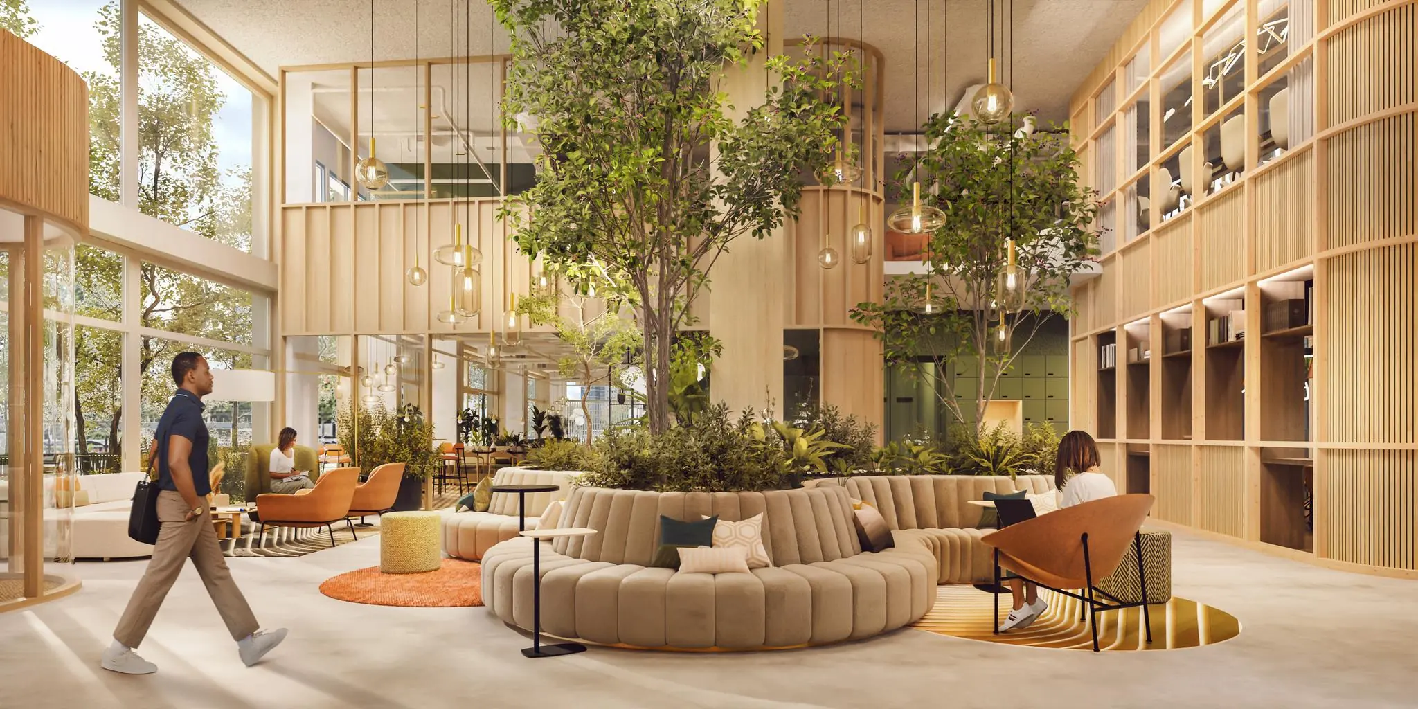 Moderne en groene kantoorlobby aan de Marten Meesweg met zithoeken, grote ramen en natuurlijke elementen.